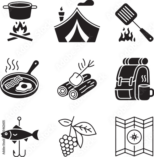 Black silhouette of a detailed camping recipe book with open pages on a white background open book