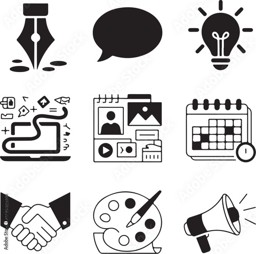 A set of nine detailed creative freelance icons on a white background vector