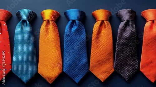 Row of seven colorful ties with patterned silk on navy background