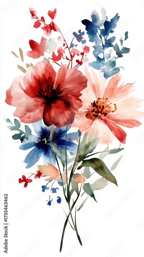 Obraz premium Vibrant watercolor floral bouquet with red, blue, and pink blossoms. Sweetest Day