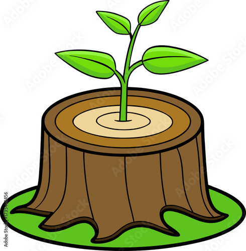 A vibrant green sapling symbolizing new life and growth emerges from an old, cut tree stump.