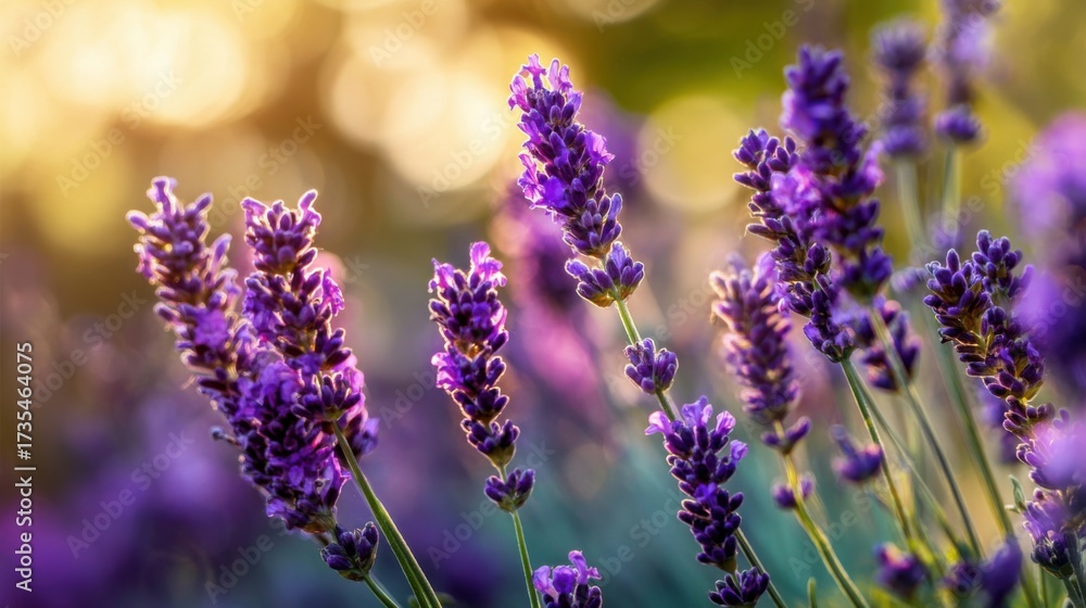 Naklejka premium Purple lavender flowers sway gently in the warm breeze, illuminated by soft sunlight. The vibrant blooms create a tranquil atmosphere, enhancing the gardens beauty during summer days.