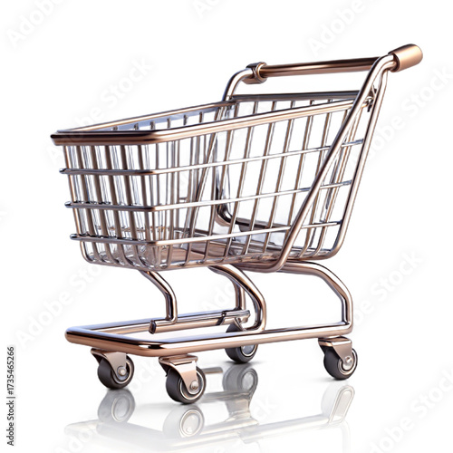 A miniature shopping cart made of metal with a reflective surface against a black background studio shot created with generated ai