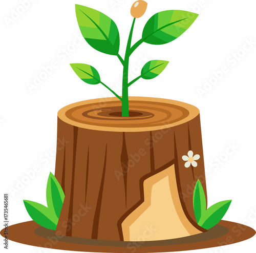 A small green sprout with leaves emerges from the center of a brown tree stump, symbolizing new life and growth.
