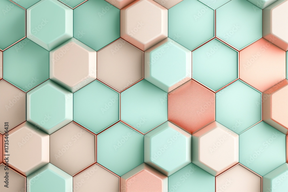 Naklejka premium Abstract honeycomb pattern in pastel mint and beige with metallic rose accents