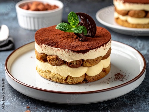 Tiramisu dessert with cocoa and mint garnish
