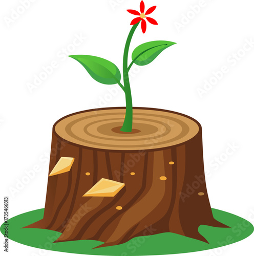 Cartoon illustration of a flower growing out of a tree stump.