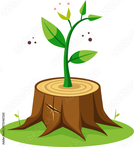 A new green plant sapling growing from an old tree stump, symbolizing rebirth, hope, and new beginnings.