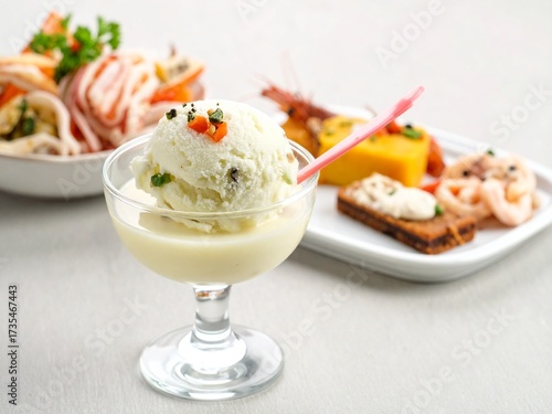 Savory ice cream with seafood appetizers