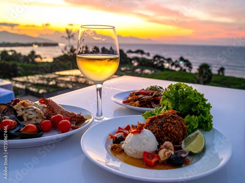 Sunset dinner, ocean view, food and wine
