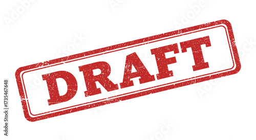 Official stamp symbol for draft red ink on white paper indicating preliminary stage document or work in progress ready for review isolated on white background
