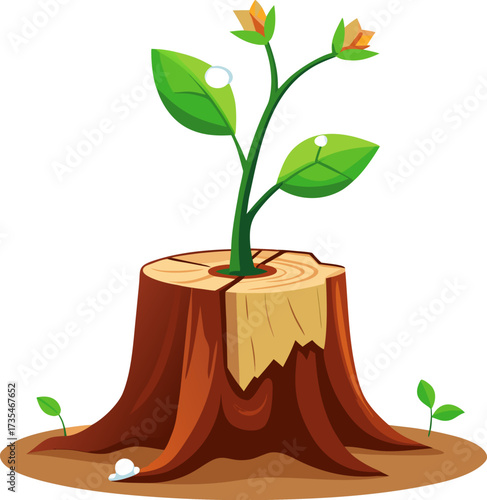 A vibrant green plant with small orange flowers sprouting from the center of a brown tree stump, symbolizing regeneration and new life.