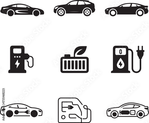 Set of nine detailed hybrid vehicle icons with transparent background automobile electric car