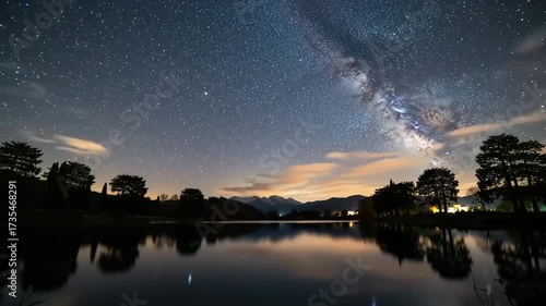 Night sky over water showing stars clouds and trees in a serene landscape background