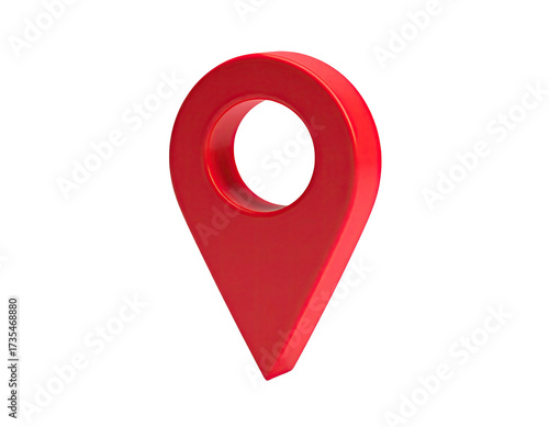A 3D red location pin with a round hole, isolated on a black background