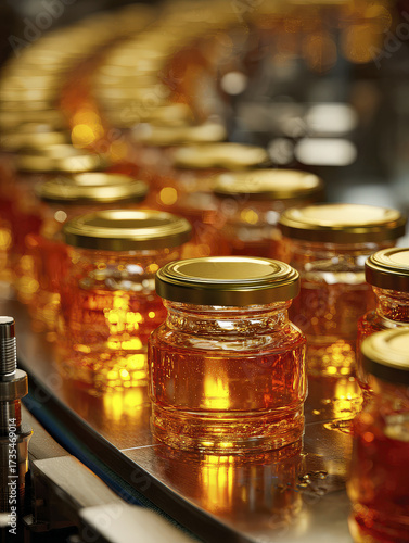 Glass Jars Filled with Golden Honey on a Stainless Steel Conveyor Belt in a Production Facility
