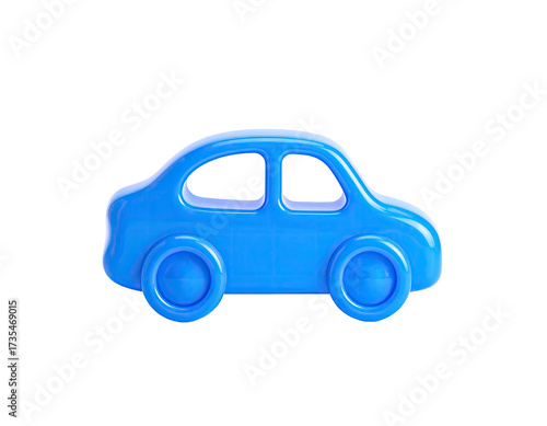 Blue toy car with rounded shape and big tires, isolated on a black background