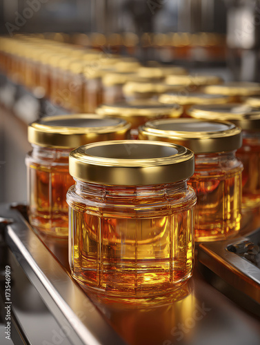 Rows of Golden Honey Jars with Lids on a Manufacturing Line in a Factory