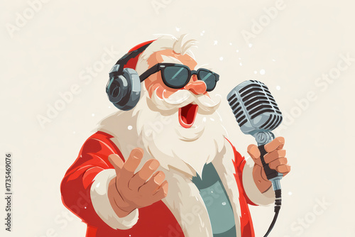 Jolly santa wearing headphones, sunglasses, singing festive carols with contemporary musical style and playful holiday energy