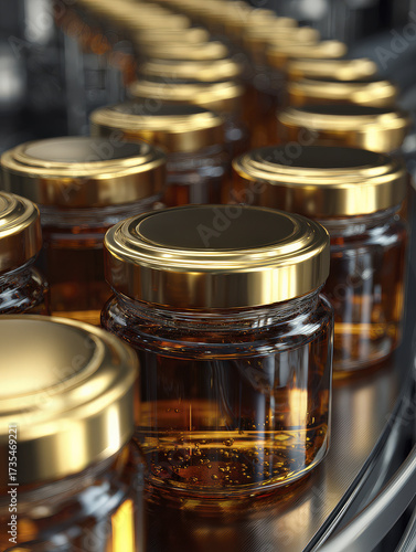 Close-Up of Honey Jars Moving on a Factory Conveyor Belt with Golden Lids