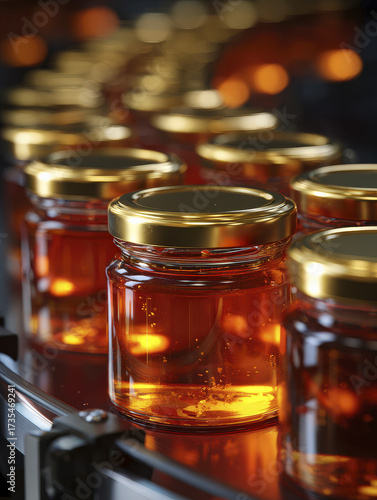 Honey Jars Filling Process with Golden Lids, Conveyor Belt, Industry Setting