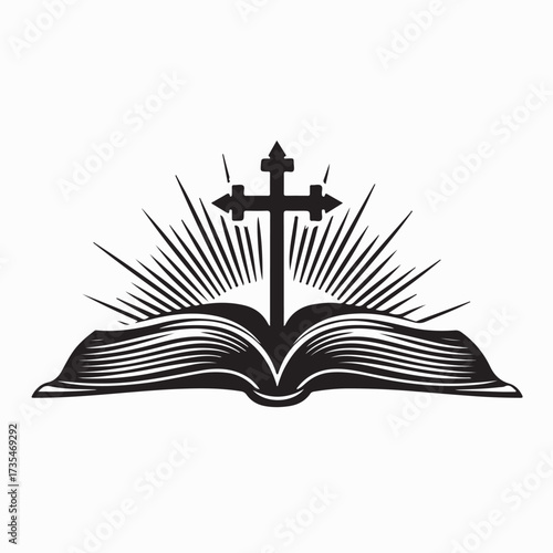 Glowing Cross Emerging from Holy Bible Vector Illustration on white background
