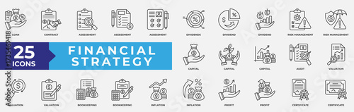 Financial Strategy Icon Set Collection, containing finance, strategy, business, investment, planning, economy, growth and management icon. simple line vector illustration. 
