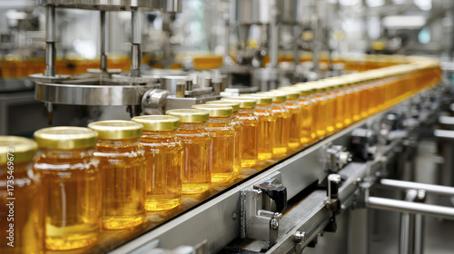 Jars of Honey Passing Through a Filling Machine in an Industrial Food Processing Plant