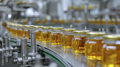 Glass Jars Filled with Honey on a Conveyor Belt in a Food Processing Factory