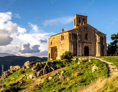 Ancient Stone Church on a Hilltop.