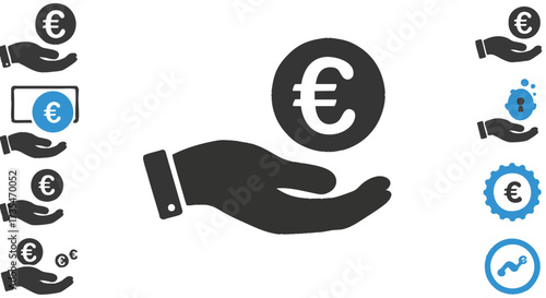 Hand holding Euro symbol surrounded by financial transaction icons