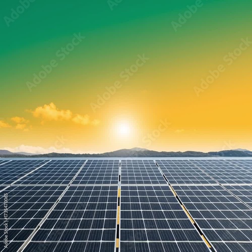 Wallpaper Mural Solar Panels Stretching into the Distance with Green Sky and Bright Sun Torontodigital.ca