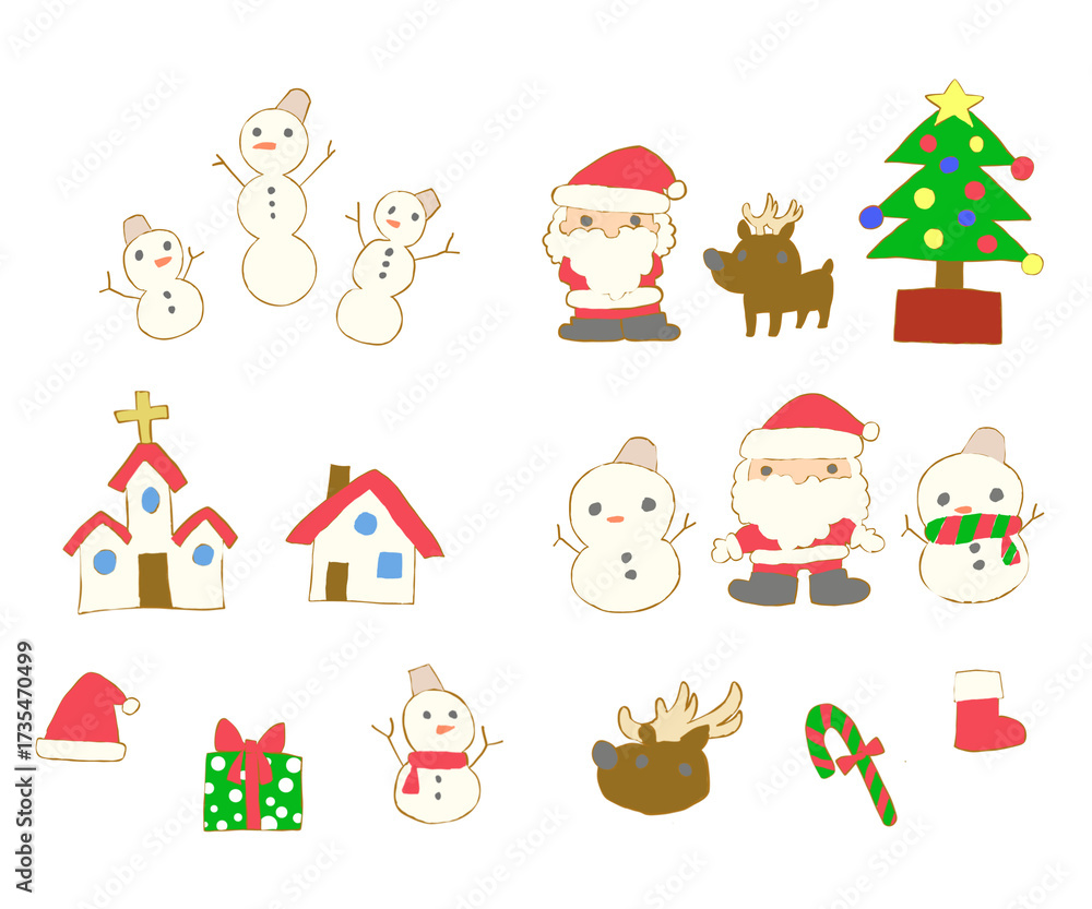 Obraz premium クリスマス サンタクロース ツリー トナカイ 雪だるま プレゼント 教会 家 キャンディ 靴下 冬 休日 贈り物 イラスト かわいい ひとそろい 季節