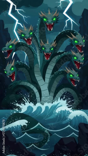 A mythical beast with seven heads emerges from turbulent waters as lightning strikes