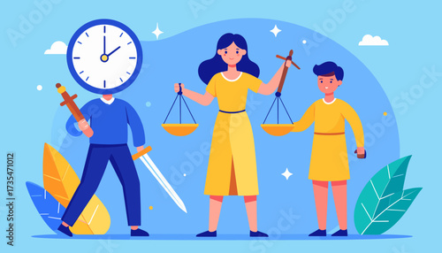 Family justice and equality with scales and clock