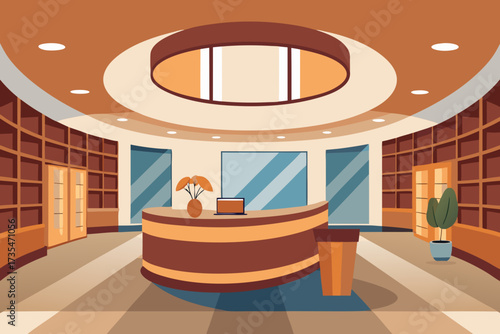 Modern reception area with curved desk bookshelves and large windows