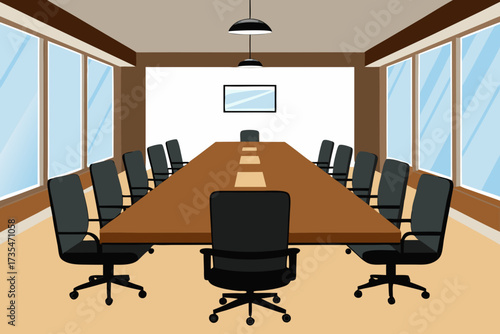 Modern conference room with large wooden table and chairs and windows