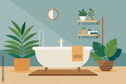 Modern bathroom interior with bathtub plants and shelves for a relaxing spa atmosphere