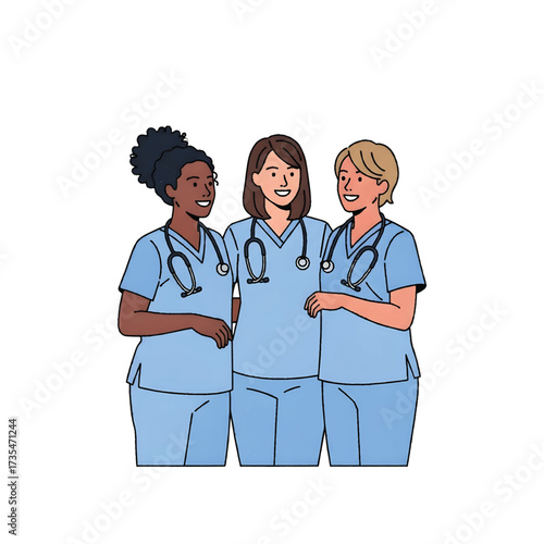 Group of Three Nurses Standing Together Vector Illustration