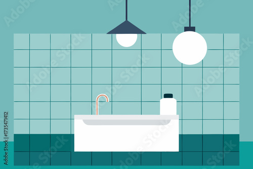 Modern bathroom interior with tiled walls bathtub faucet and pendant lights