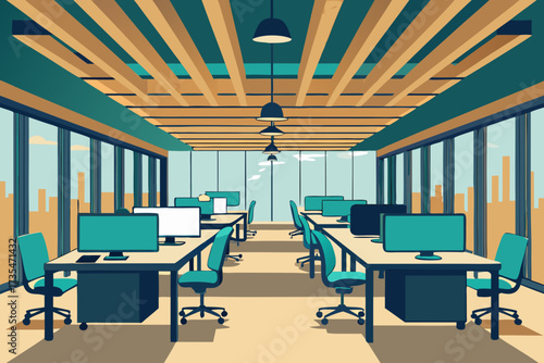 Modern office interior with rows of desks computers and chairs overlooking city skyline