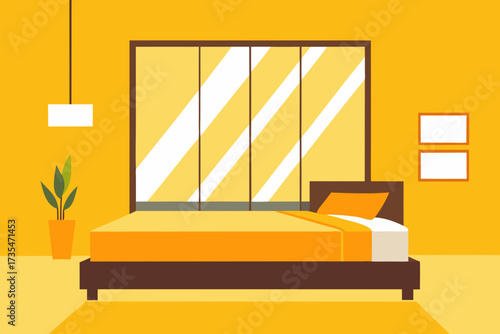 Modern minimalist bedroom interior with bed and closet in warm yellow tones