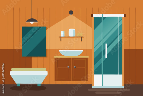Modern bathroom interior with wooden walls bathtub sink and glass shower stall