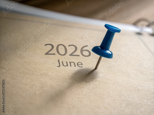 Blue push pin marking june 2026 on a calendar, close up view