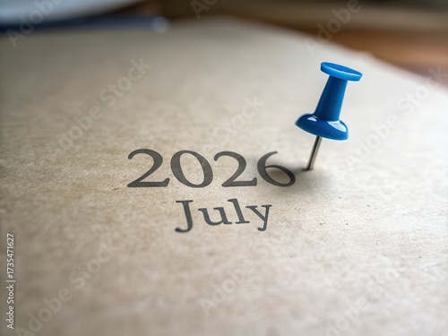 Blue push pin marking july 2026 on a calendar, close up view