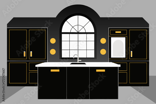 Modern black kitchen with arched window and gold accents illustration