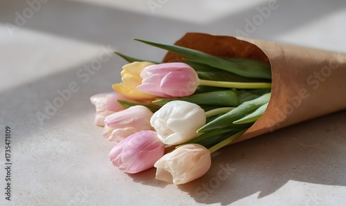 A small bouquet of fresh tulips loosely wrapped in brown kraft paper, placed on a neutral-toned table or stone countertop.