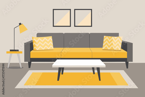 Modern living room with a gray sofa and yellow accents on a neutral background