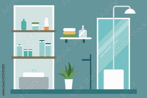 Modern bathroom interior with shower shelves plant and toiletries in flat design style