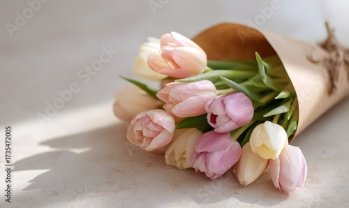 A small bouquet of fresh tulips loosely wrapped in brown kraft paper, placed on a neutral-toned table or stone countertop.